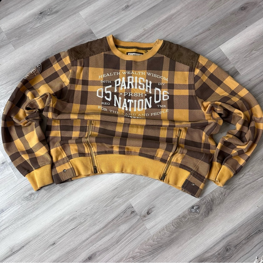 Parish Nation Sweatshirt Sz 2XL Plaid Elbow Shoulder Patches Pocket Zippers READ